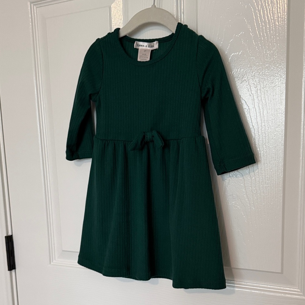 Emma & Sam Dark Green Ribbed Long-Sleeve Kids Dress with Waist Tie